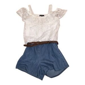 My Michelle Romper Beige Lace Top Belted Denim Shorts Girl Size XL Cold-Shoulder